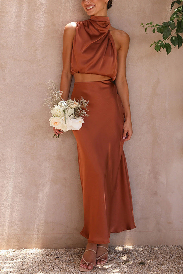 Completo Estivo Satinato Con Top E Gonna Donna | Collo Drappeggiato & Silhouette Slanciata