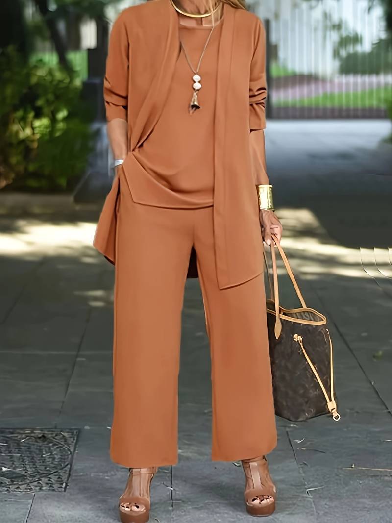 Completo Donna Elegante in Tre Pezzi con Cardigan e Pantaloni Ampi – Look Chic e Comodo per Ogni Occasione 1