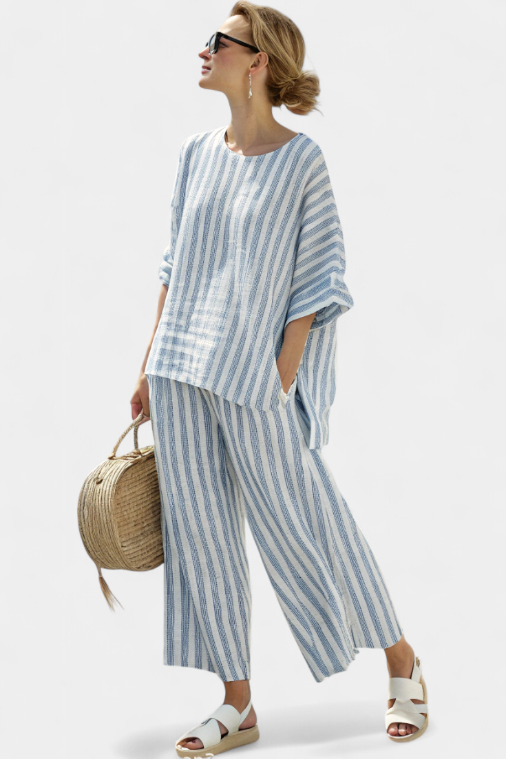 Completo Estivo Donna Lino a Righe Pantaloni Rilassati - Vesarelli