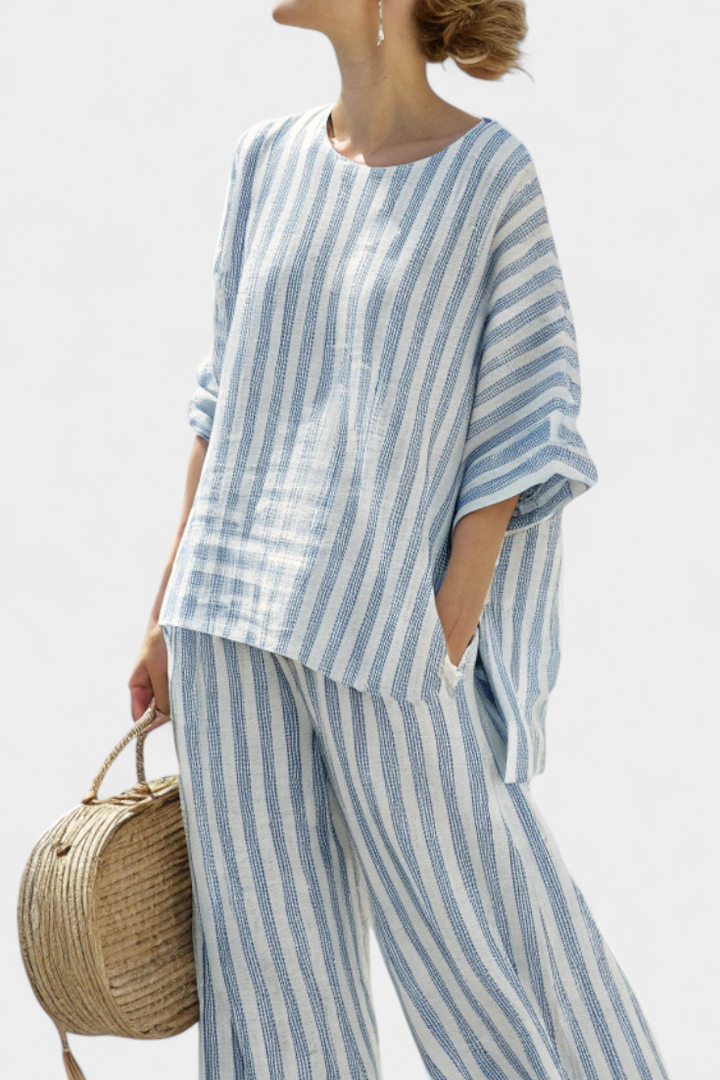 Completo Estivo Elegante in Lino con Top a Righe e Pantaloni Rilassati 2
