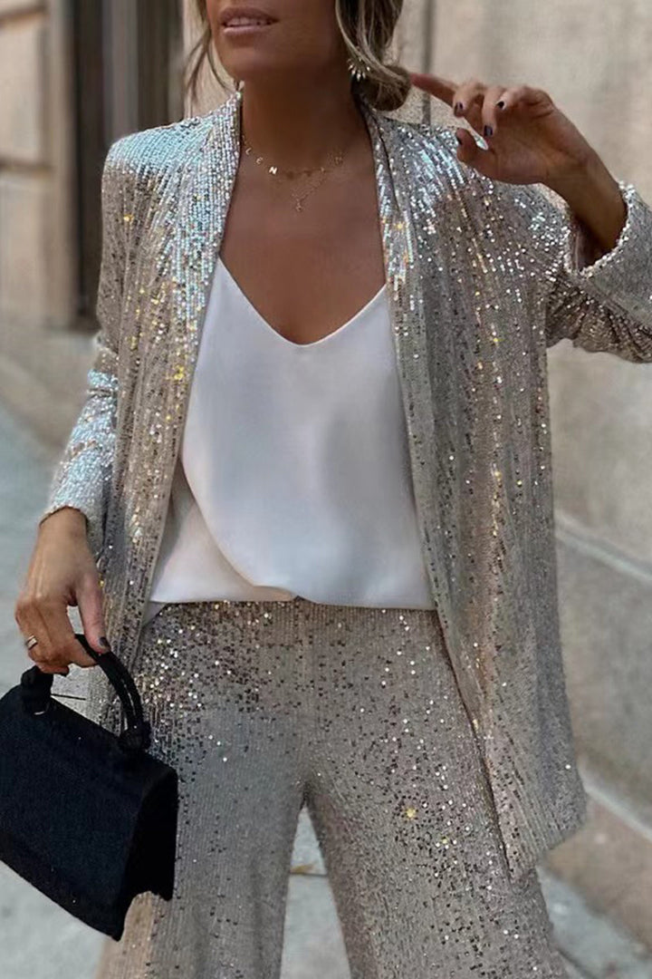 Completo con paillettes da donna | Blazer su misura e pantaloni larghi a vita alta | Capodanno 2