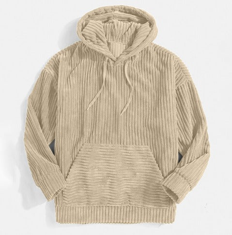 Felpa con cappuccio in velluto a coste beige, tasca frontale, maniche lunghe, design casual. Perfetta per moda autunnale e invernale.