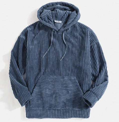 Felpa con cappuccio in velluto a coste blu, tasca frontale, maniche lunghe, stile casual. Ideale per moda autunnale e invernale.