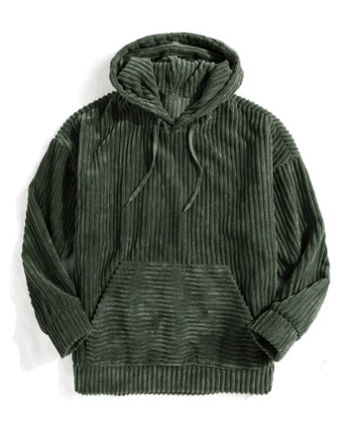 Felpa con cappuccio verde in velluto a coste, design casual, tasca frontale, maniche lunghe. Ideale per moda autunnale e invernale.