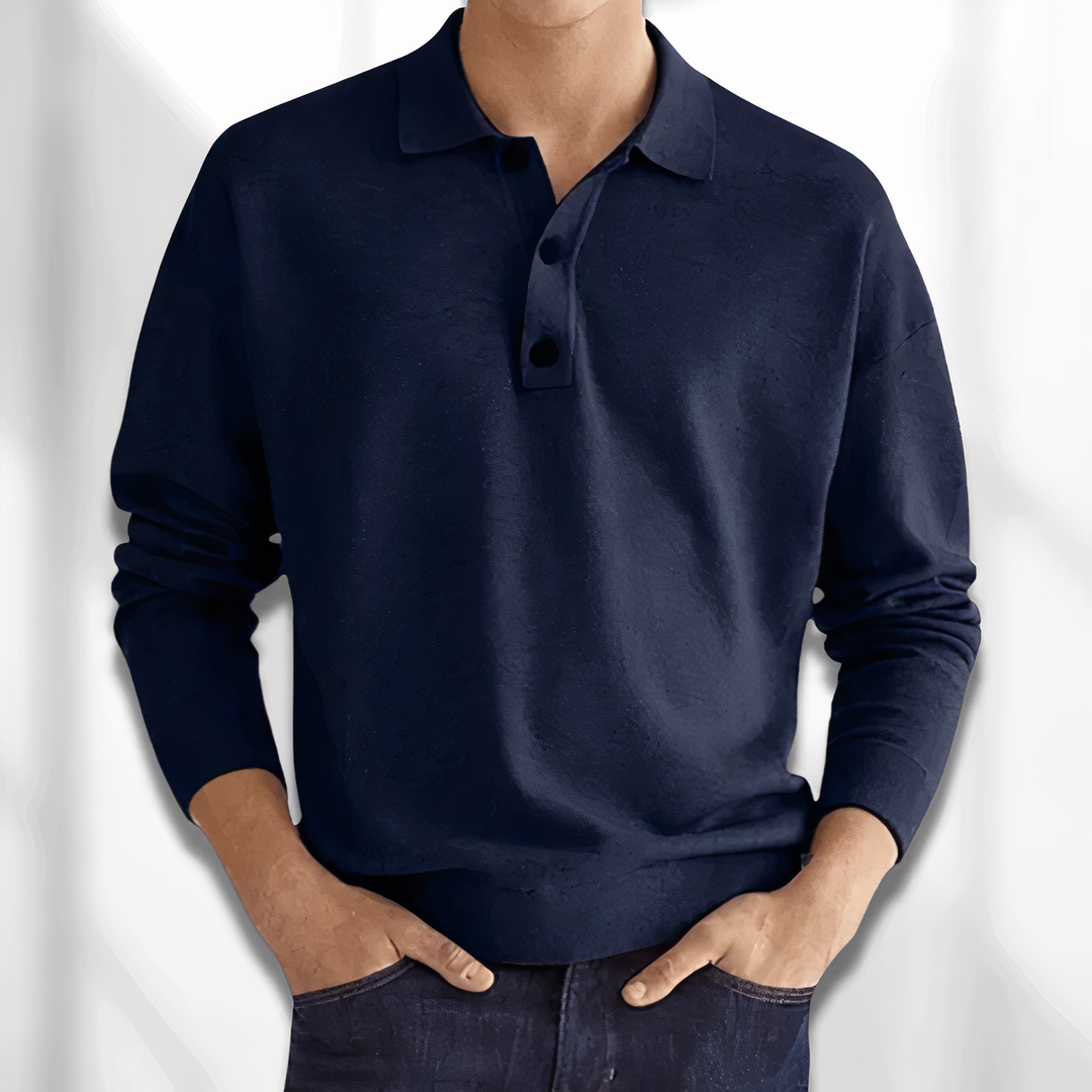 Maglione uomo blu scuro, maniche lunghe, colletto polo, stile casual elegante, tessuto morbido, perfetto per autunno inverno, moda maschile.