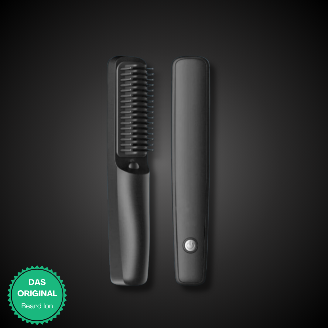 Pettine lisciante per barba nero, design elegante, con pulsante di accensione. Accessorio per cura della barba, styling maschile, alta qualità.