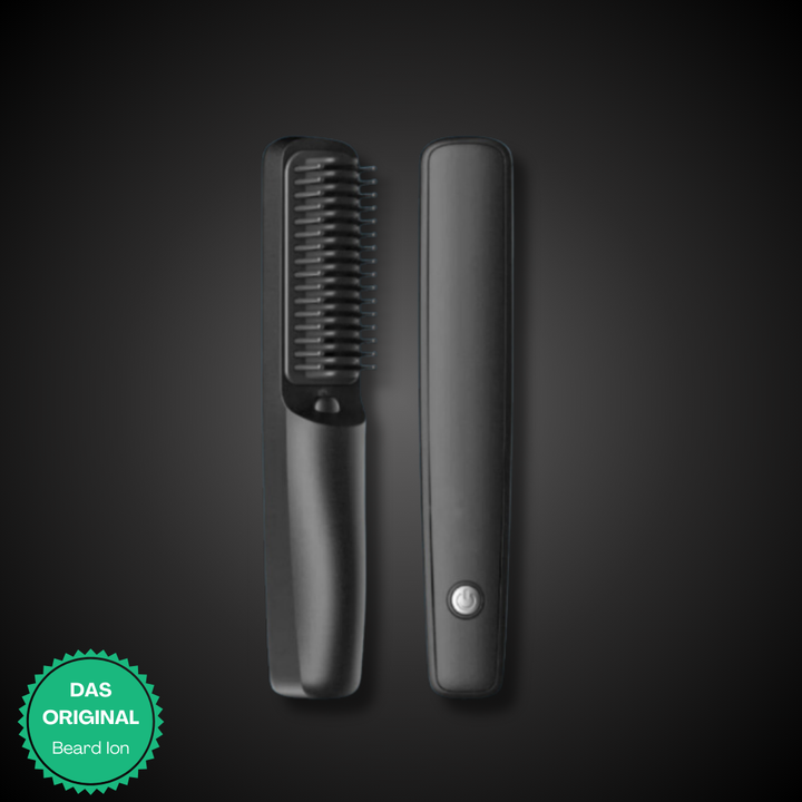 Pettine lisciante per barba nero, design elegante, con pulsante di accensione. Accessorio per cura della barba, styling maschile, alta qualità.