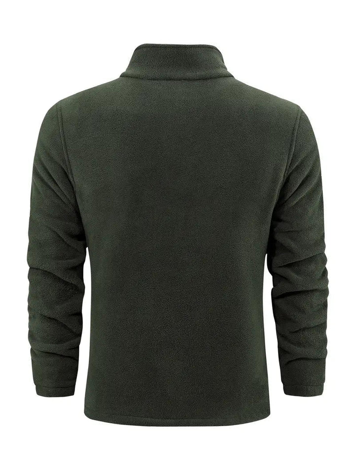 Giacca in pile verde scuro da uomo, maniche lunghe, collo alto, design casual, ideale per l'inverno e attività all'aperto.
