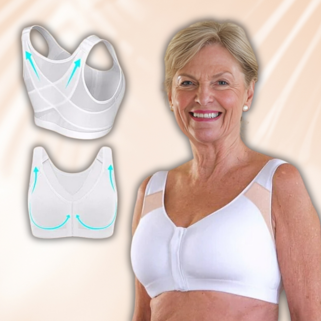 Reggiseno bianco senza ferretto per donna anziana, design comodo con supporto schiena e spalle, chiusura frontale, ideale per comfort quotidiano.