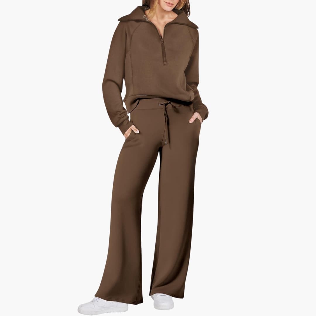 Set Donna Mezza Zip in Tessuto Morbido Pantaloni Larghi