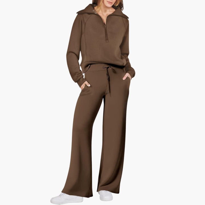 Set Donna Mezza Zip in Tessuto Morbido Pantaloni Larghi