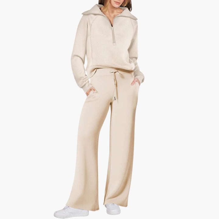 Set Donna Mezza Zip in Tessuto Morbido Pantaloni Larghi