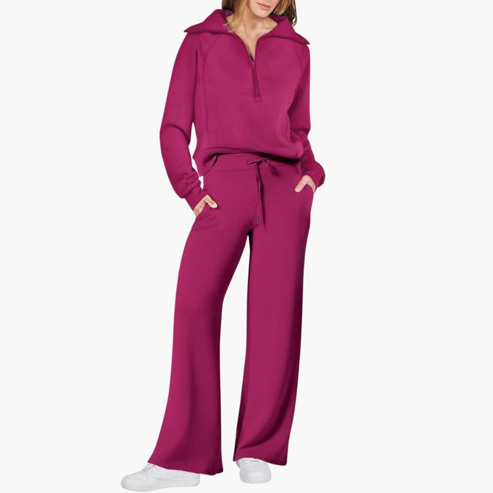 Set Donna Mezza Zip in Tessuto Morbido Pantaloni Larghi