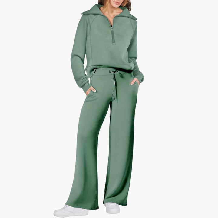 Set Donna Mezza Zip in Tessuto Morbido Pantaloni Larghi