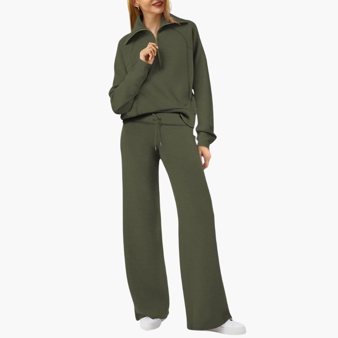 Set Donna Mezza Zip in Tessuto Morbido Pantaloni Larghi