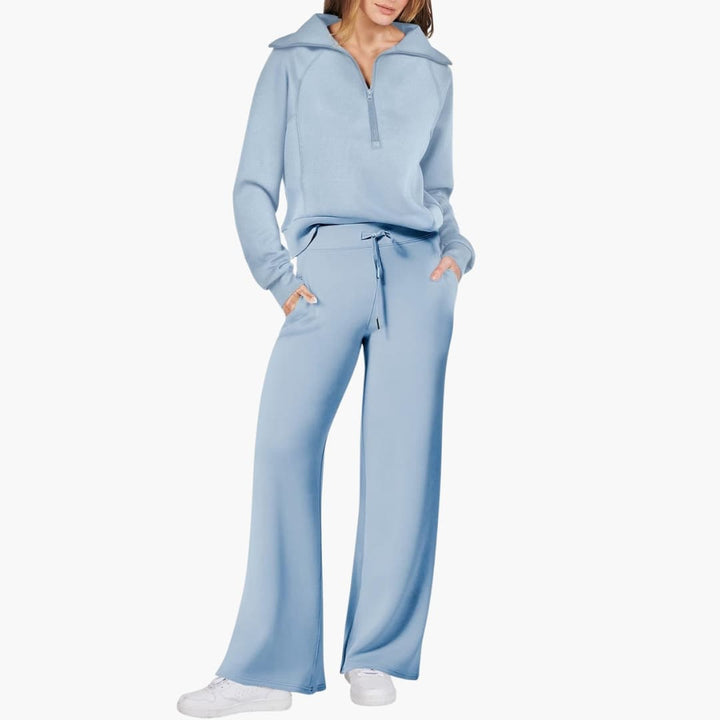 Set Donna Mezza Zip in Tessuto Morbido Pantaloni Larghi