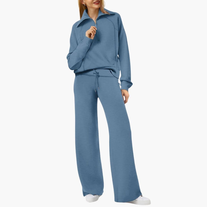 Set Donna Mezza Zip in Tessuto Morbido Pantaloni Larghi