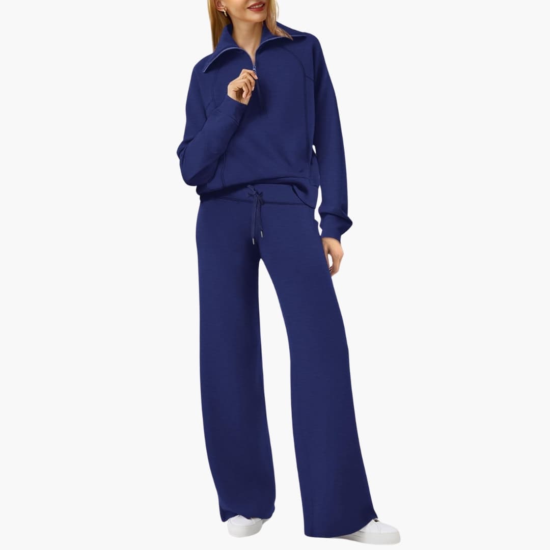 Set Donna Mezza Zip in Tessuto Morbido Pantaloni Larghi