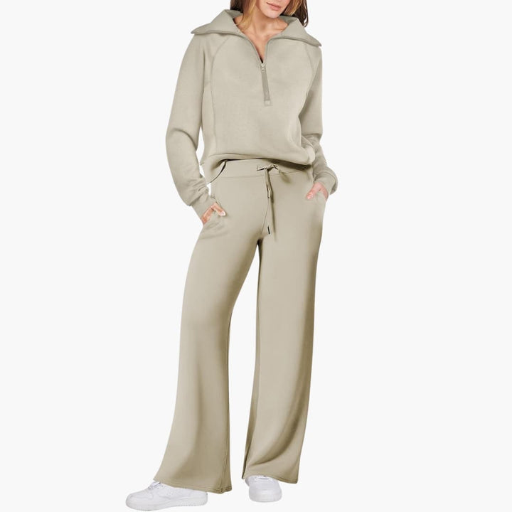 Set Donna Mezza Zip in Tessuto Morbido Pantaloni Larghi