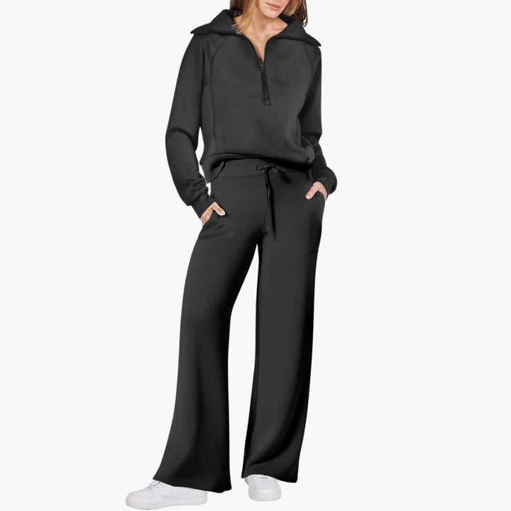 Set Donna Mezza Zip in Tessuto Morbido Pantaloni Larghi