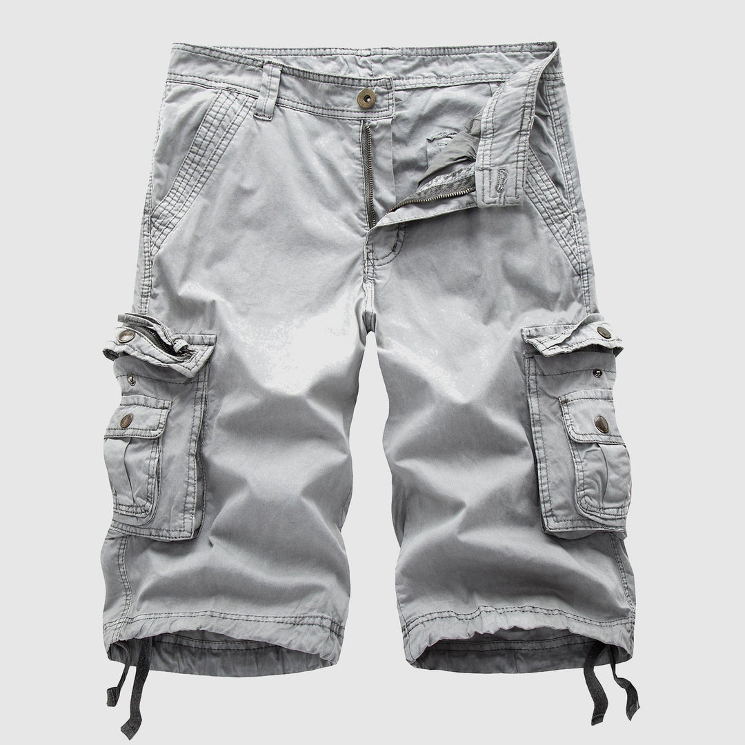 Pantaloncini cargo grigi da uomo, tasche multiple, cotone resistente, stile casual, perfetti per attività all'aperto e tempo libero.