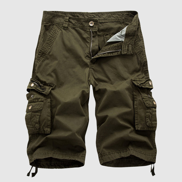 Bermuda cargo verde militare da uomo, tasche multiple, cotone resistente, stile casual, perfetto per attività all'aperto e tempo libero.