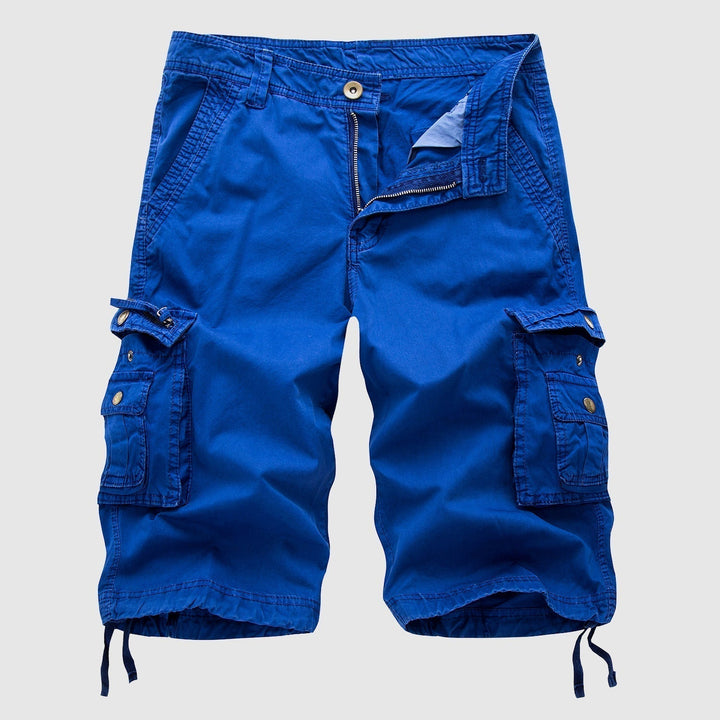 Pantaloncini cargo blu da uomo, tasche multiple, cotone resistente, chiusura con zip e bottone, stile casual estivo, moda maschile.