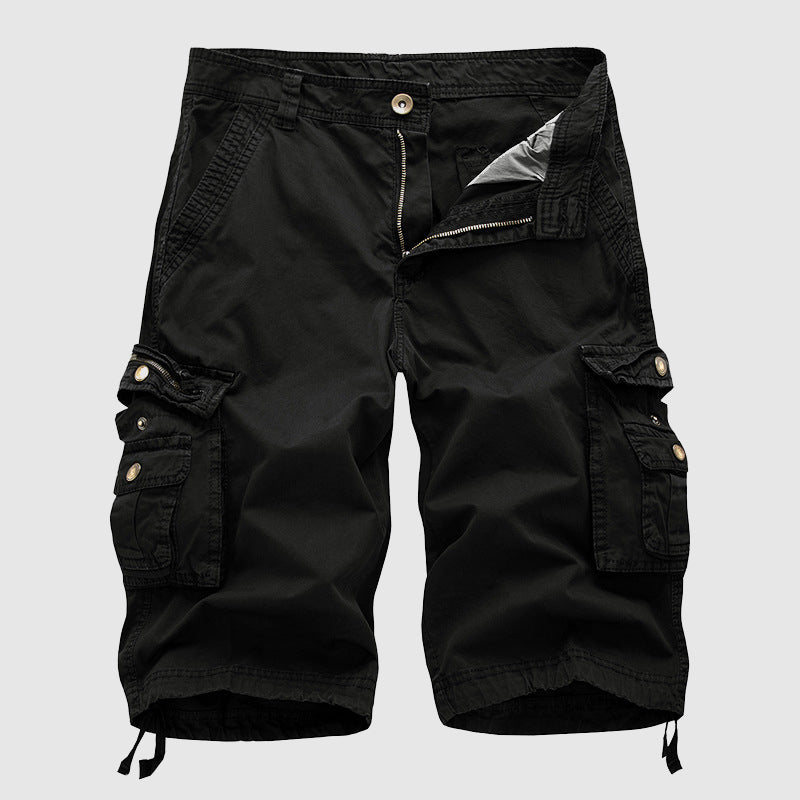 Pantaloncini cargo neri da uomo, tasche multiple, chiusura con zip e bottone, stile casual, tessuto resistente, ideali per attività all'aperto.