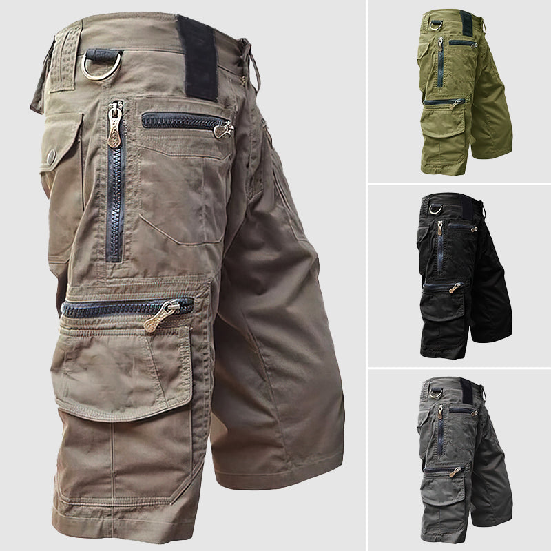 Pantaloncini cargo uomo multitasche, zip robuste, colori verde, nero, grigio. Ideali per outdoor, escursionismo, stile casual.