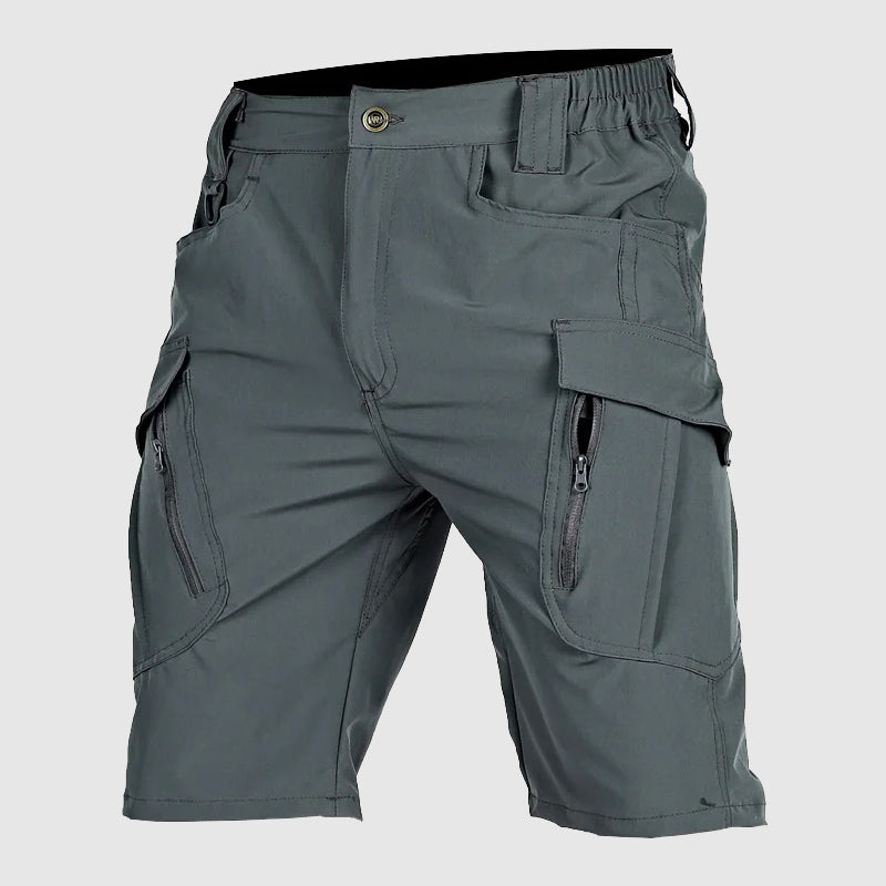Pantaloncini cargo grigi da uomo, tasche multiple con zip, design casual e funzionale, ideale per attività all'aperto e tempo libero.