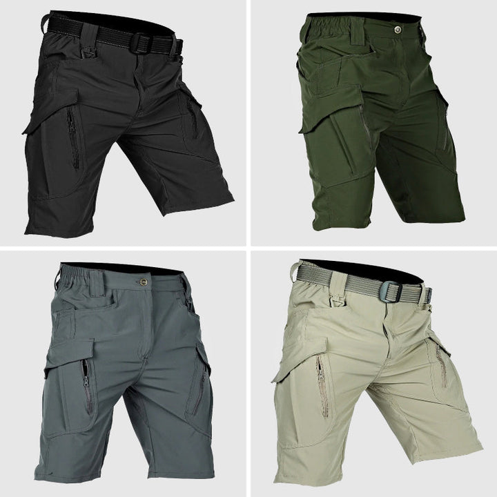 Quattro pantaloncini cargo da uomo in diversi colori: nero, verde, grigio e beige. Design con tasche multiple e cintura regolabile. Ideali per outdoor.