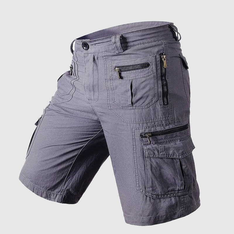 Pantaloncini cargo grigi da uomo, multi-tasche con zip, stile casual, tessuto resistente, ideale per attività all'aperto e tempo libero.