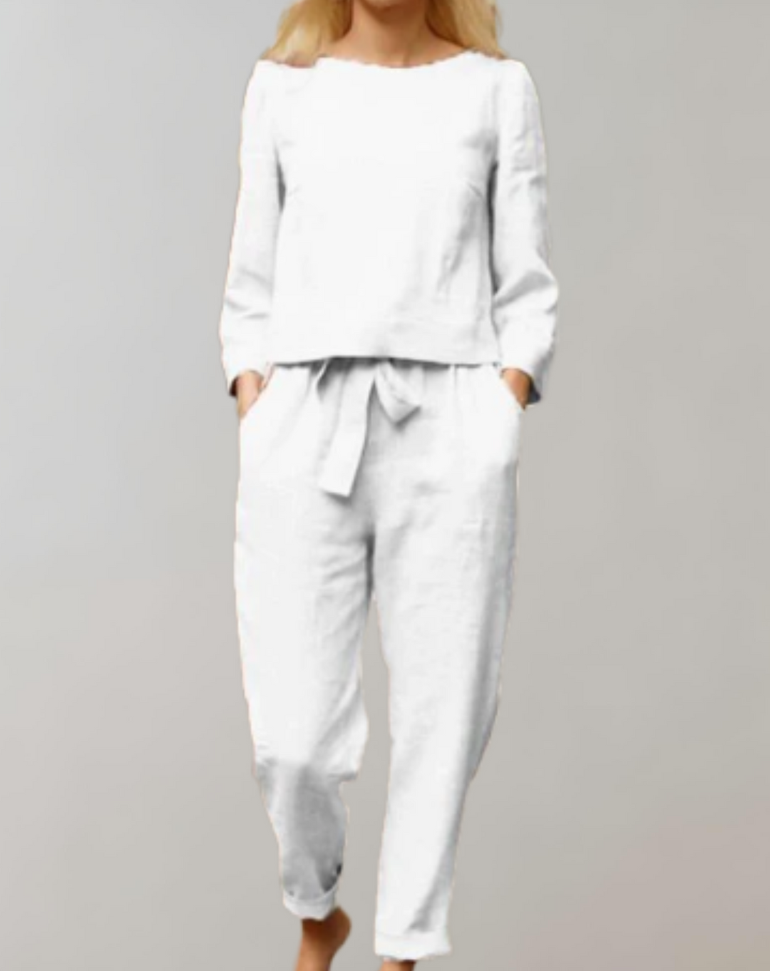  Outfit a due pezzi femminile - miscela di lino - top in forma libera e pantaloni conici a vita alta-2
