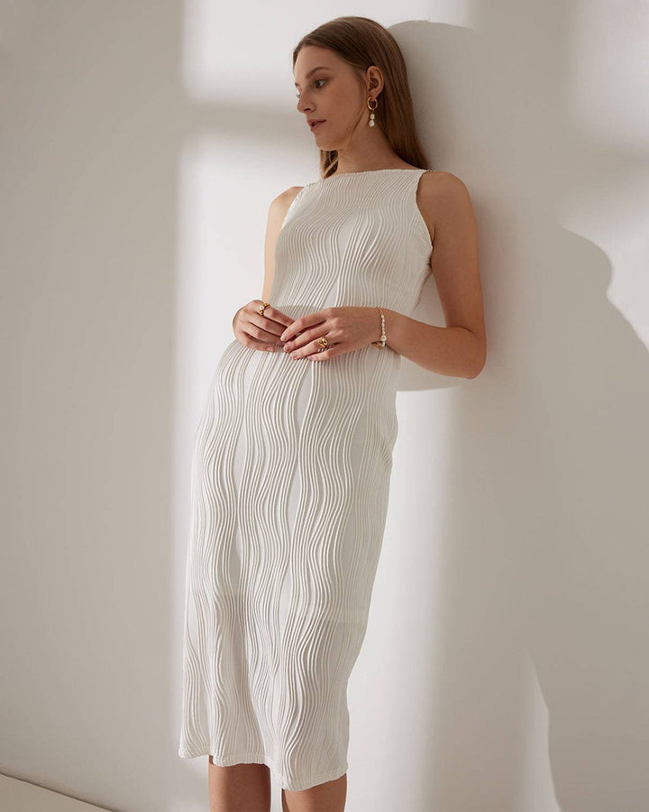 Abito Midi Donna a Coste con Dettagli in Perle Design Raffinato