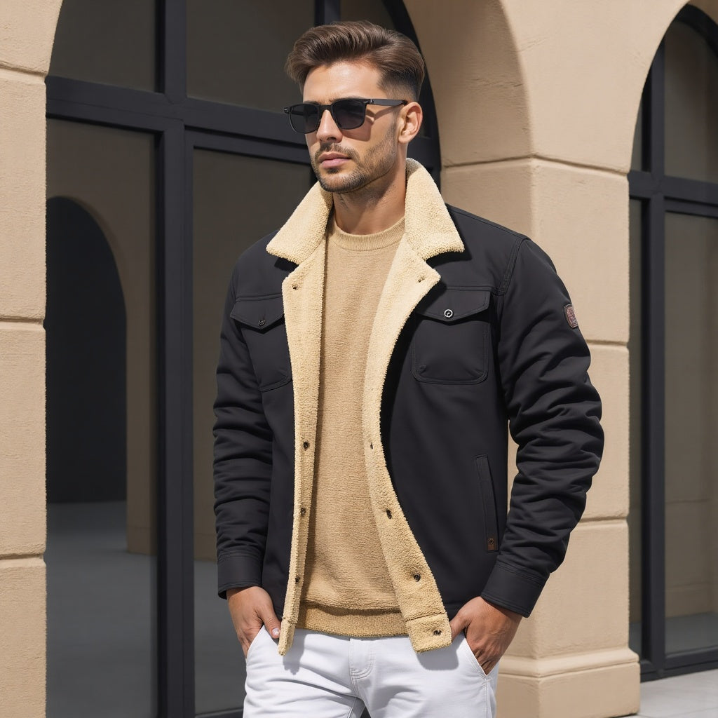 Giacca uomo invernale nera con fodera in pelliccia sintetica, indossata da modello con occhiali da sole. Moda maschile, abbigliamento casual elegante.
