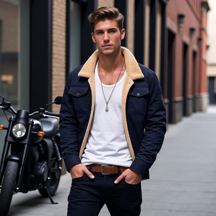 Giacca uomo blu con colletto in pelliccia sintetica, indossata su t-shirt bianca. Moda urbana, stile casual. Moto nera sullo sfondo.