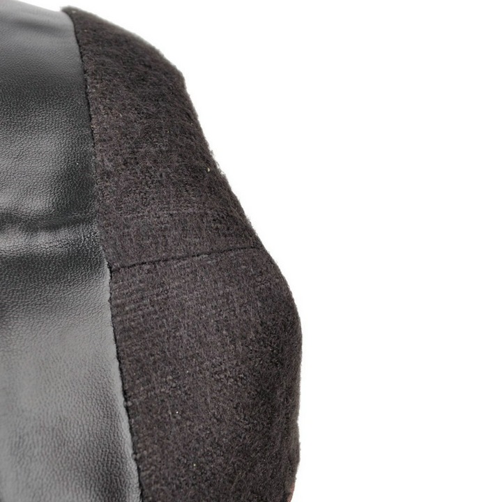 Cuscino lombare ergonomico in schiuma memory, rivestimento in tessuto nero e pelle sintetica, supporto per sedia ufficio, comfort e postura corretta.