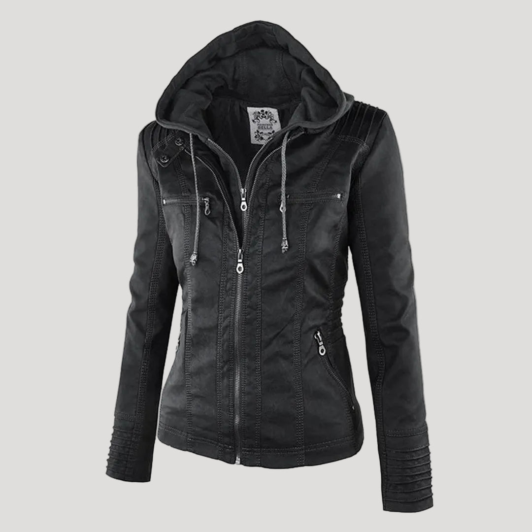 Giacca Donna in Ecopelle con Cappuccio Removibile Elegante - Vesarelli