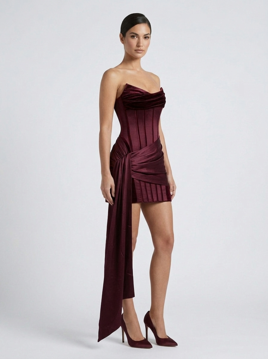 Dravela | Abito da Sera Donna Mini Corsetto Bordeaux Drappeggiato 1