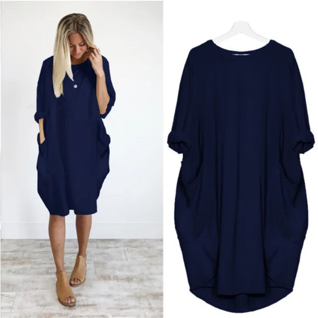 Abito Midi Donna Cotone Oversize Maniche Lunghe Casual
