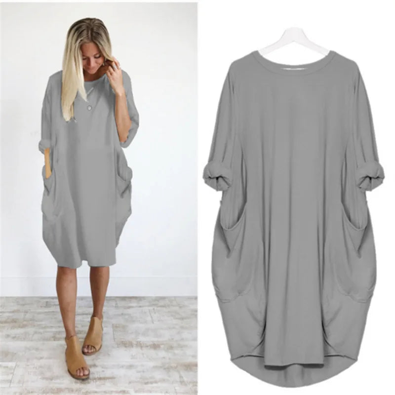 Abito Midi Donna Cotone Oversize Maniche Lunghe Casual