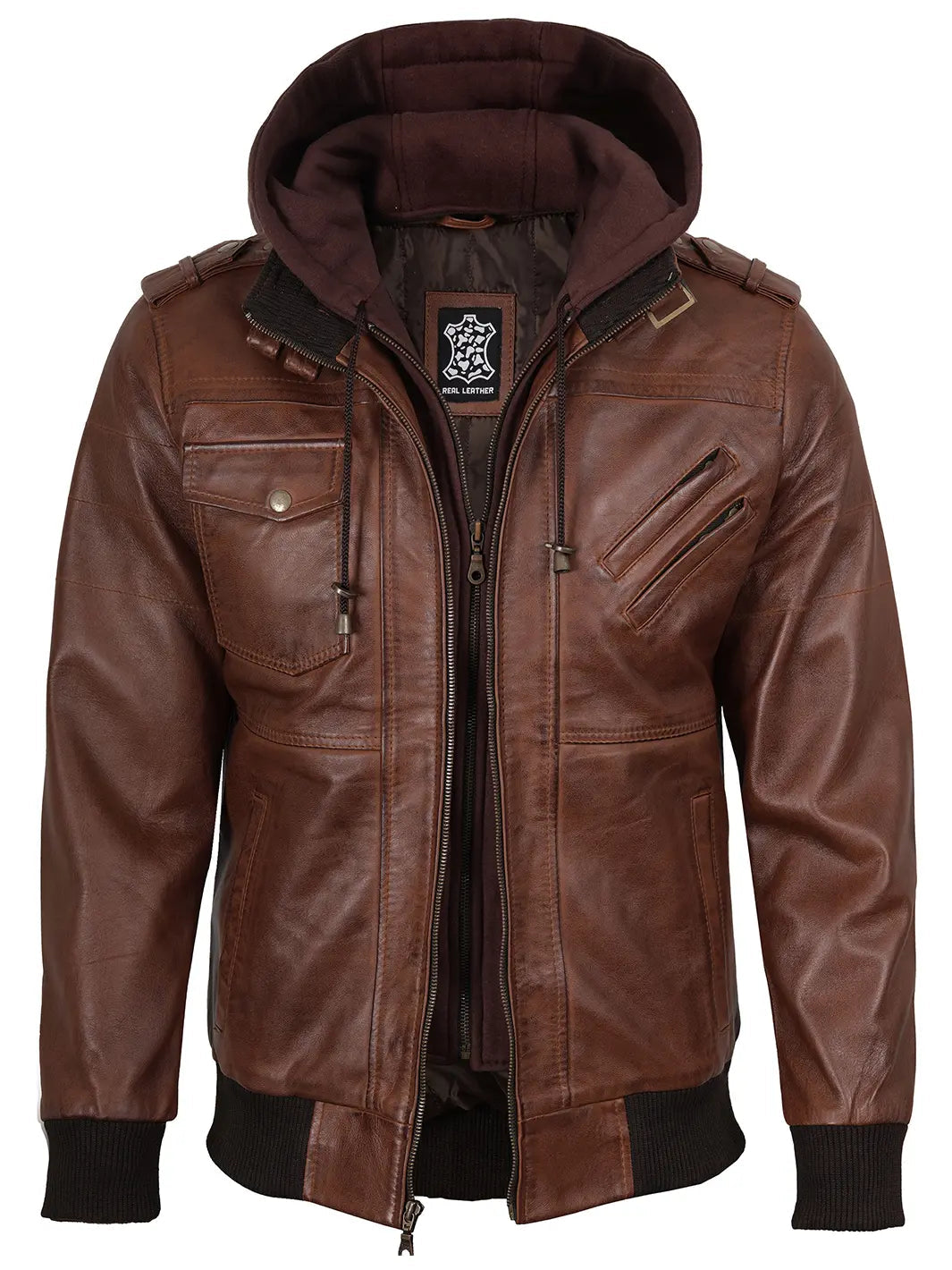 Giacca Bomber Uomo Pelle Cappuccio Staccabile - Vesarelli
