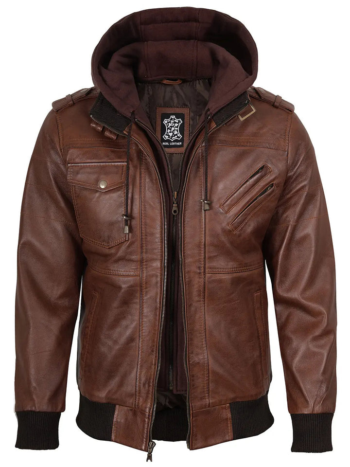 Giacca Bomber Uomo Pelle Cappuccio Staccabile - Vesarelli