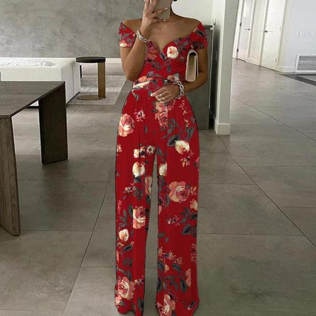 Tuta Donna Leggera Tessuto Stampato Scollatura Off Shoulder