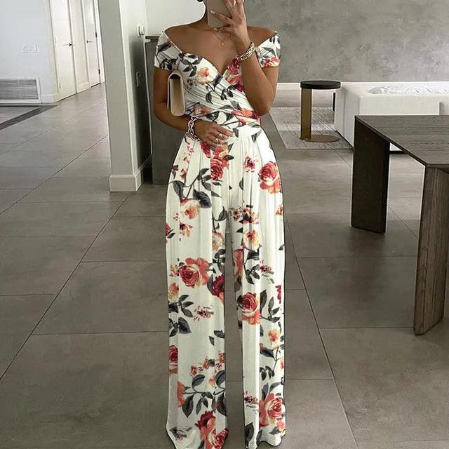 Tuta Donna Leggera Tessuto Stampato Scollatura Off Shoulder - Vesarelli