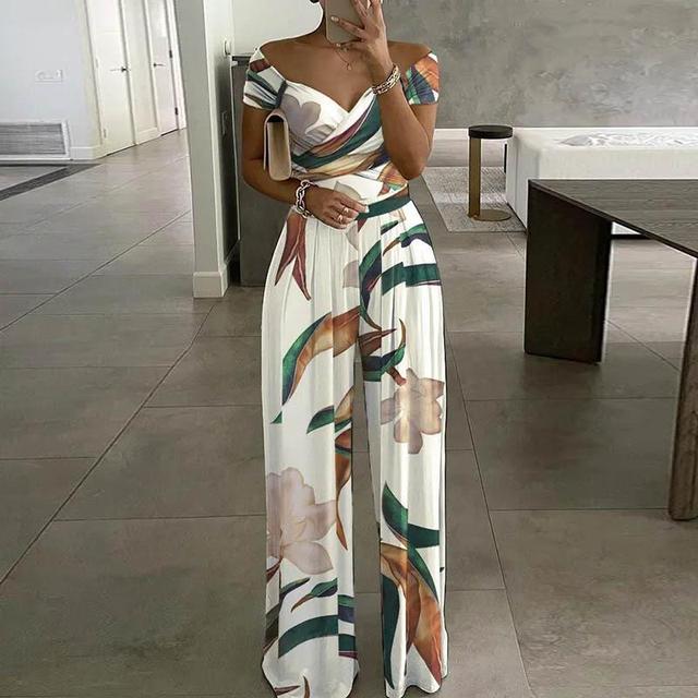 Tuta Donna Leggera Tessuto Stampato Scollatura Off Shoulder