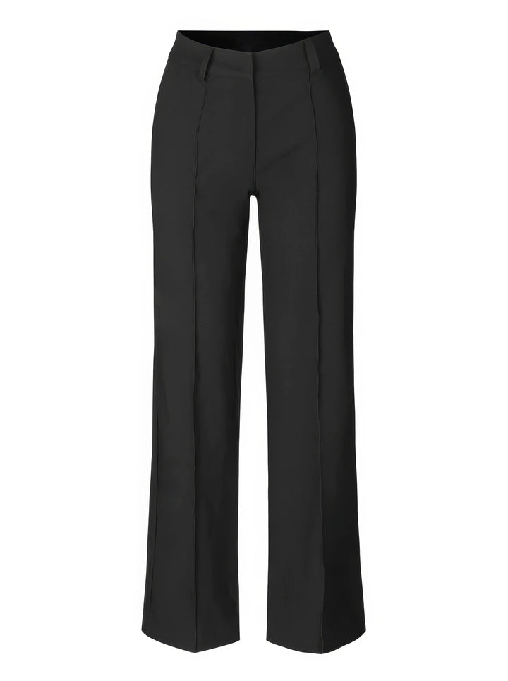 Pantaloni neri eleganti da donna, taglio dritto, vita alta, tessuto leggero. Ideali per ufficio o eventi formali. Disponibili in varie taglie.