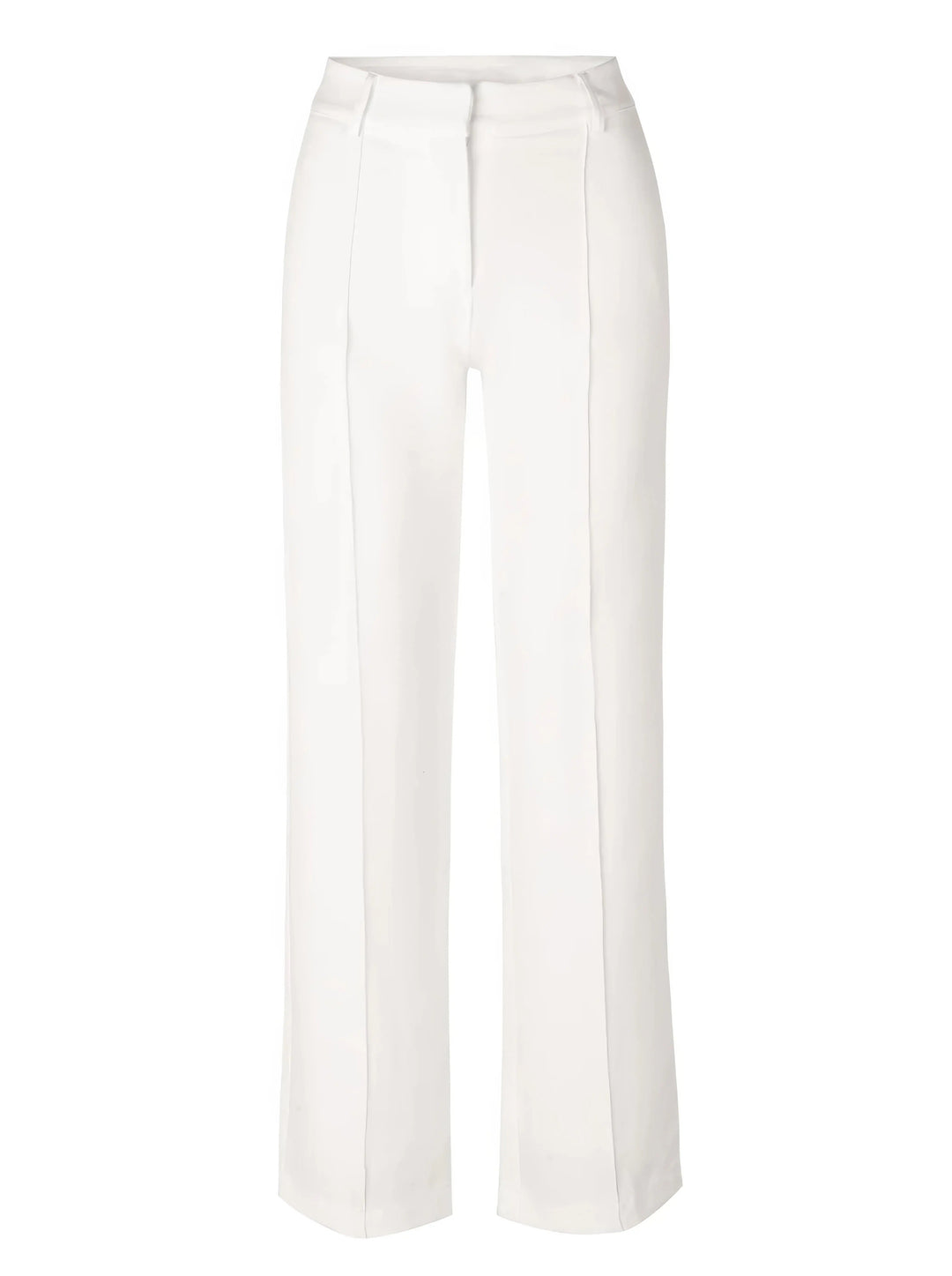 Pantaloni bianchi eleganti da donna, taglio dritto, vita alta, tessuto leggero. Ideali per look formali e casual. Disponibili in diverse taglie.