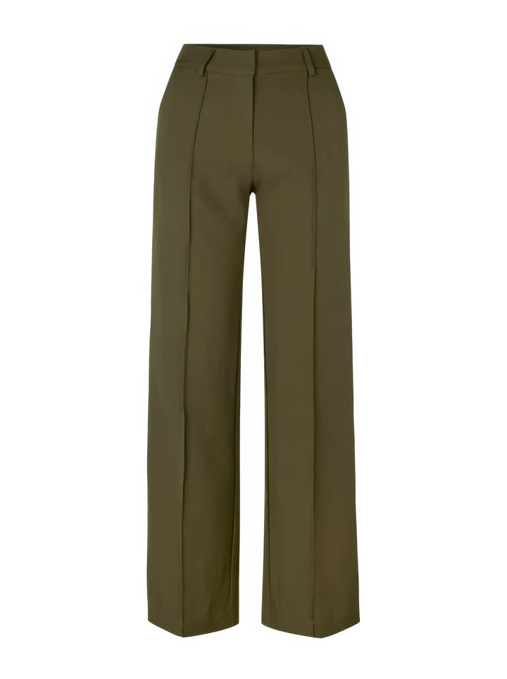 Pantaloni donna verde oliva, taglio dritto, vita alta, eleganti. Tessuto leggero, ideale per look formali e casual. Moda femminile, abbigliamento trendy.