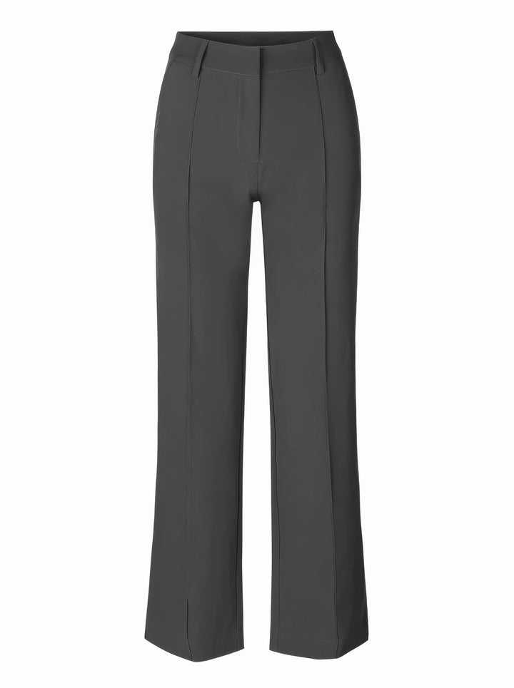 Pantaloni eleganti grigi da donna, taglio dritto, vita alta, tessuto leggero. Ideali per ufficio e occasioni formali. Moda femminile, abbigliamento business.
